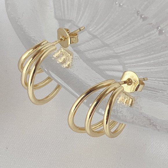 [18k Gold Plated] Triple Line Stud Earrings - Picture 1 of 9